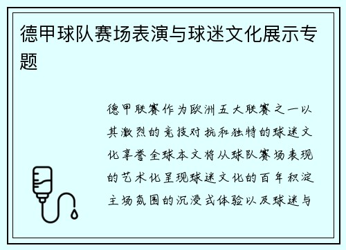 德甲球队赛场表演与球迷文化展示专题